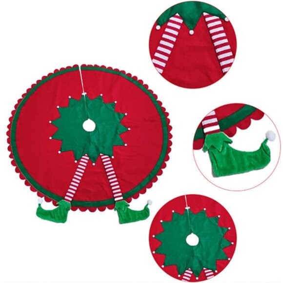 48" Big Elf Christmas Tree Skirt with Striped Legs and Ripple Trim Border, - Picture 4 of 8